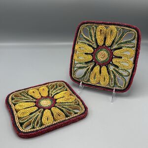 Vtg 2 Woven Wicker Rattan Raffia Trivet Hot Pad Floral Boho Square Kitschy 7"